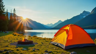 Orange Camping Tent By A Mountain Lake At Sunrise