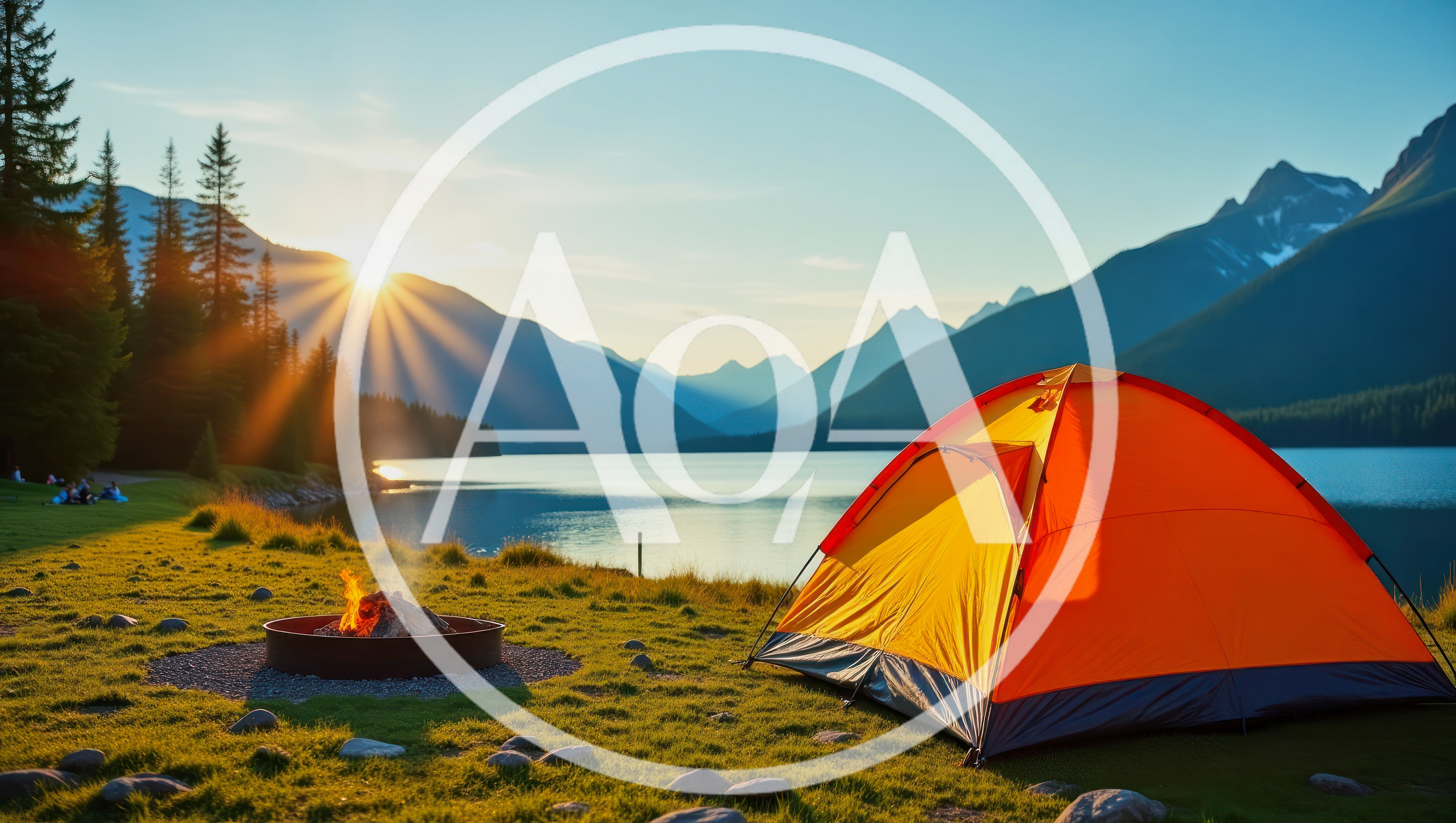 Orange Camping Tent By A Mountain Lake At Sunrise