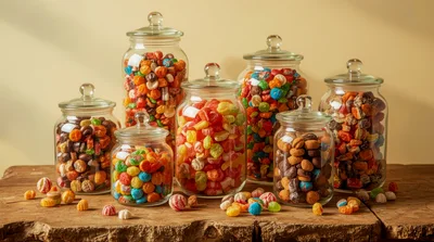 Assorted Colorful Candies In Glass Jars On Wooden Table