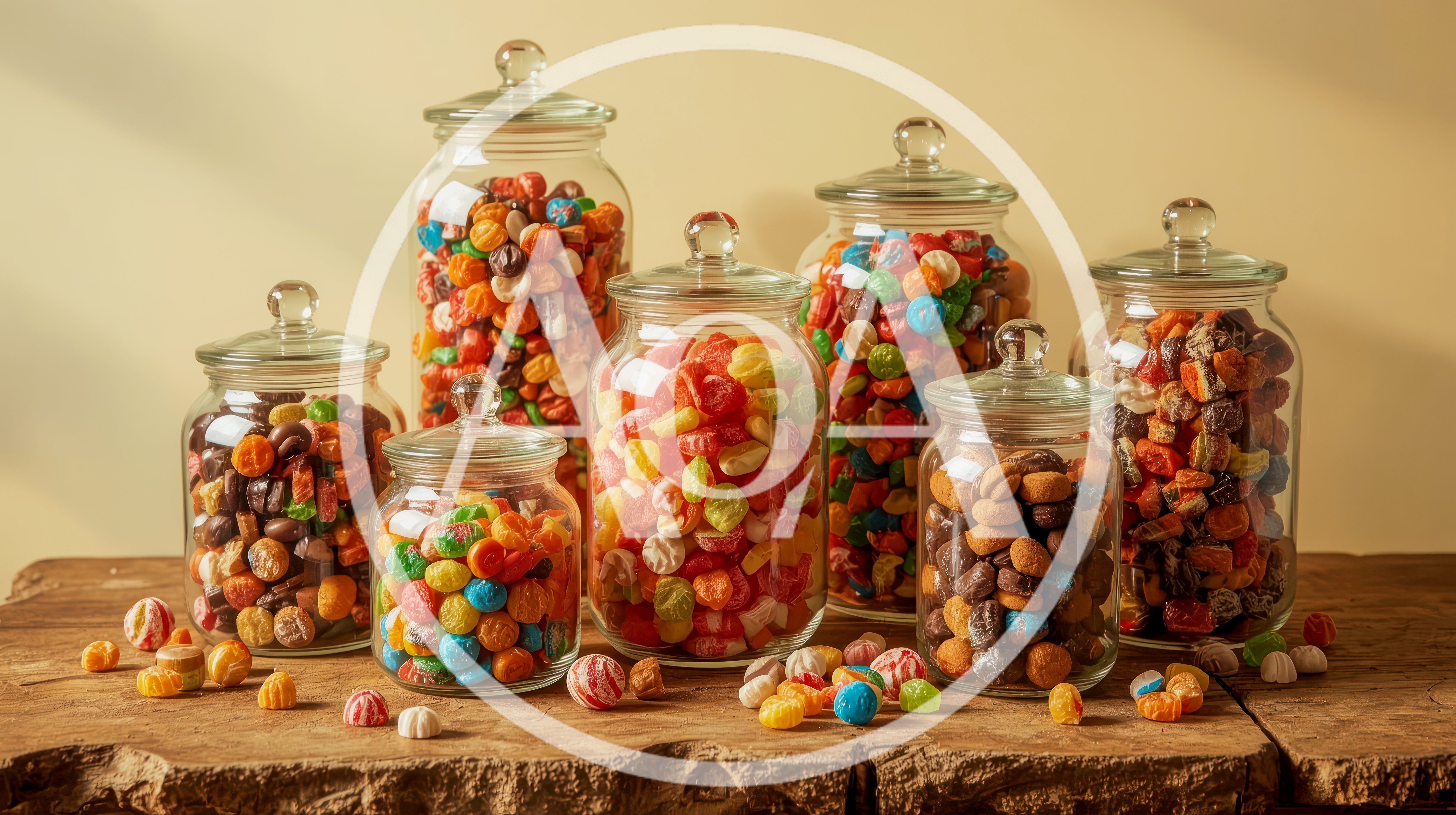 Assorted Colorful Candies In Glass Jars On Wooden Table