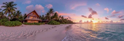 Luxury Beach Villa At Sunset In The Maldives