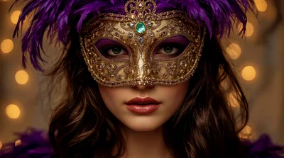 Woman Wearing Ornate Gold Masquerade Mask With Purple Feathers