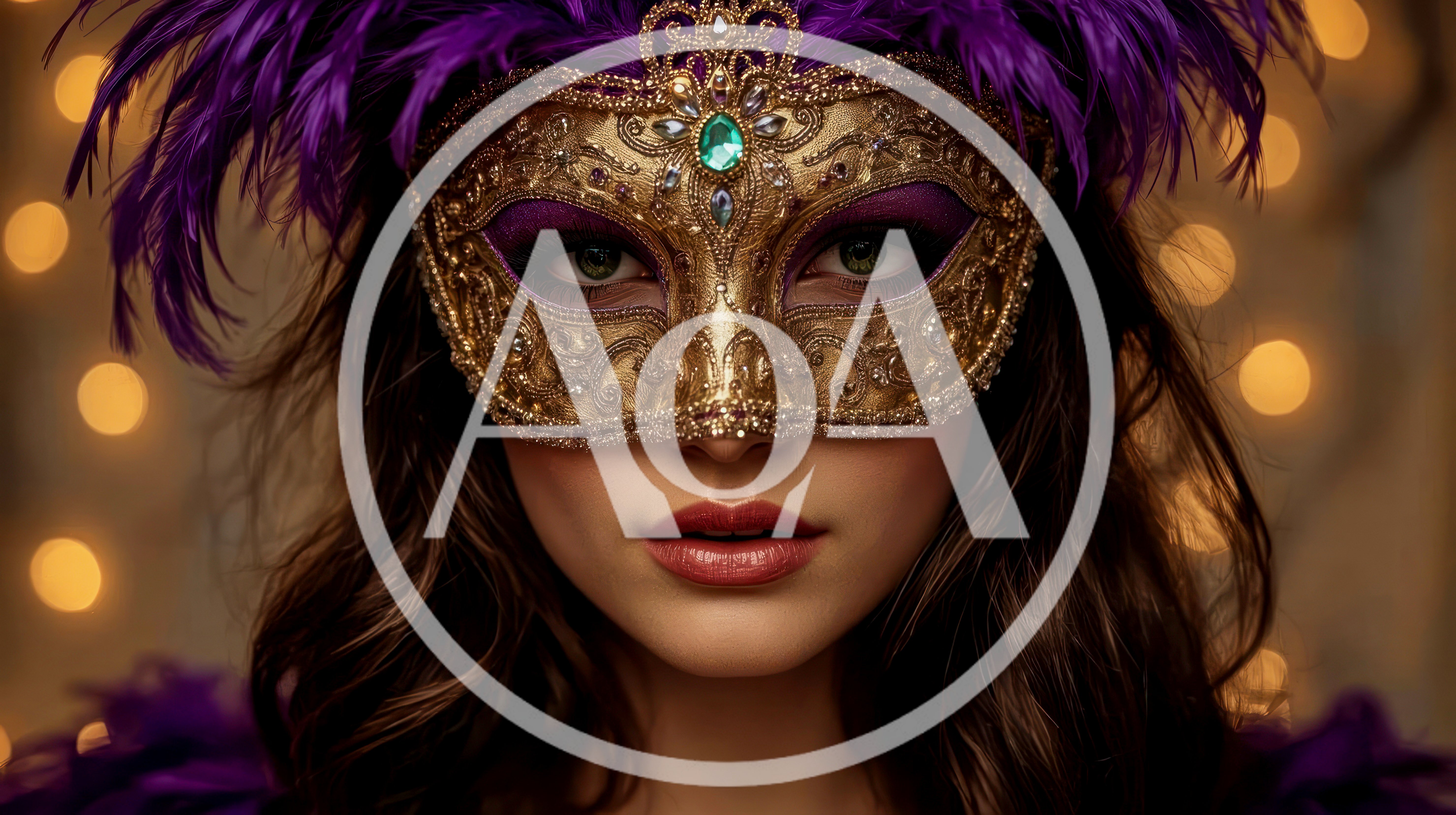 Woman Wearing Ornate Gold Masquerade Mask With Purple Feathers