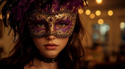 Young Woman Wearing Ornate Purple Venetian Masquerade Mask