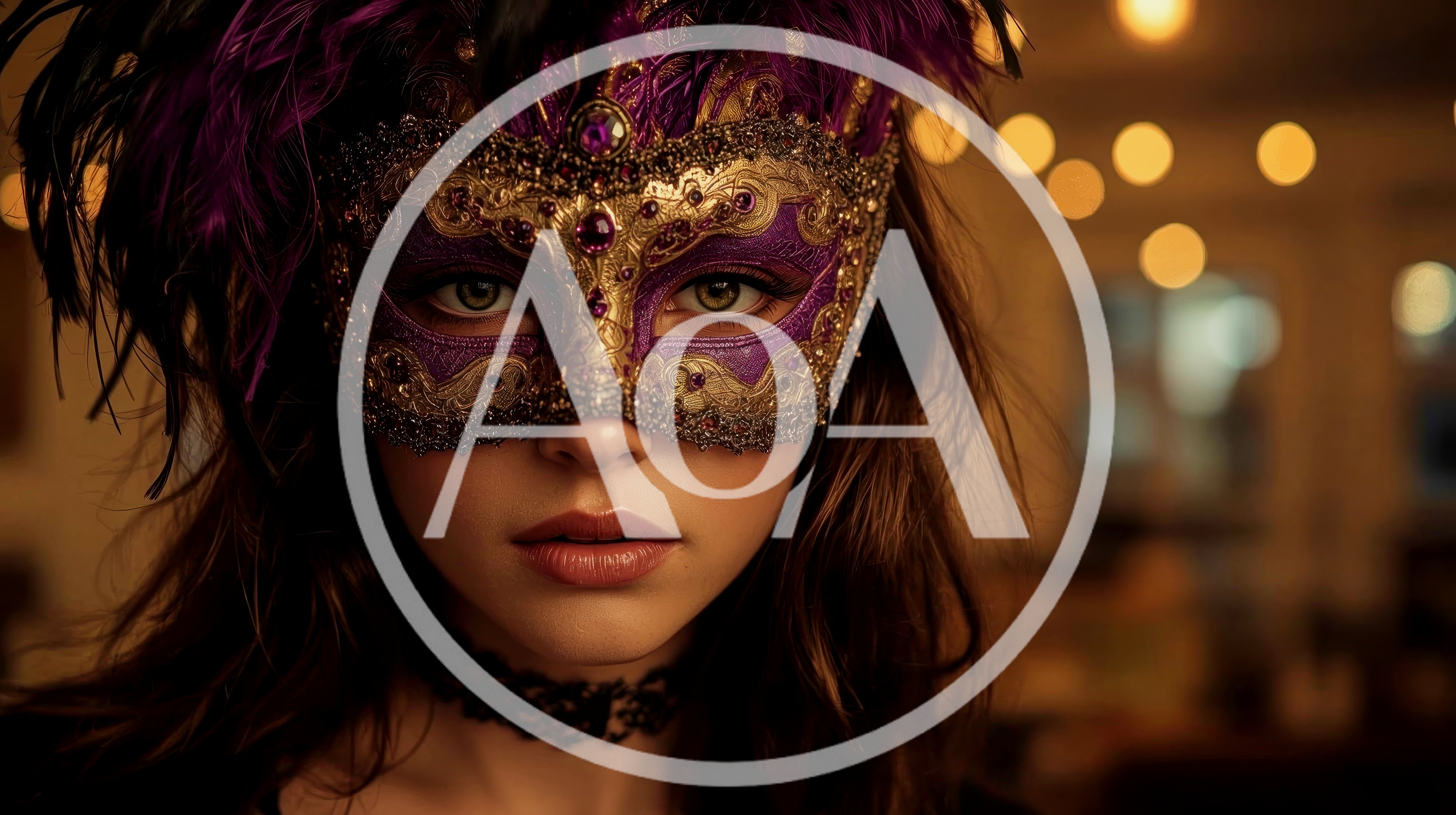 Young Woman Wearing Ornate Purple Venetian Masquerade Mask