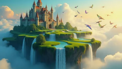 Fantasy Castle Floating On Lush Island Above Clouds