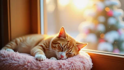 Ginger Tabby Cat Sleeping On A Soft Pink Bed