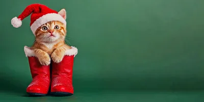 Cute Ginger Kitten Wearing Santa Hat Inside Red Boots