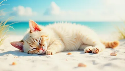 Cute Kitten Sleeping Peacefully On A Sunny Beach