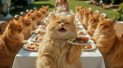 Group Of Fluffy Ginger Cats Having A Formal Dinner