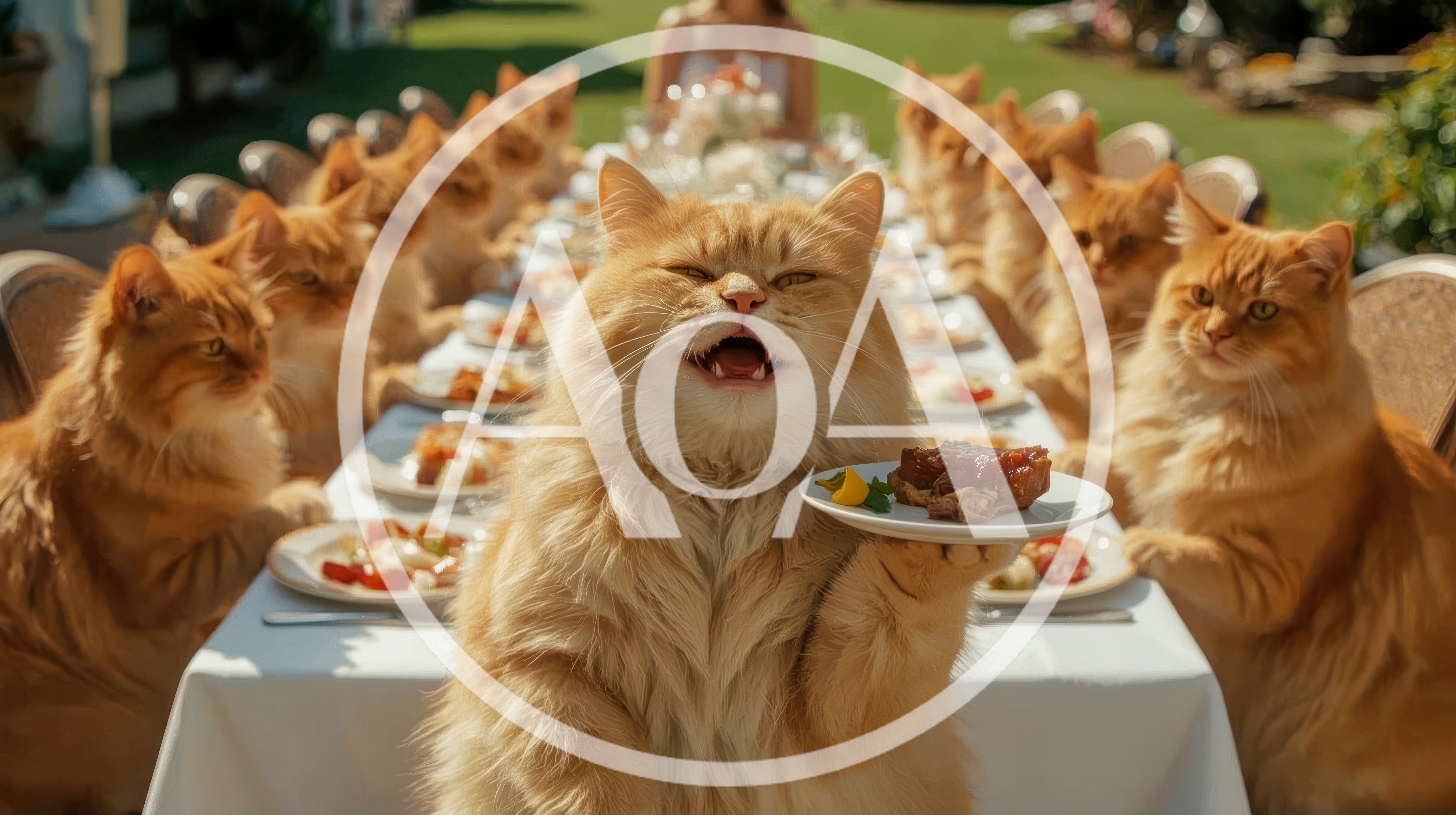Group Of Fluffy Ginger Cats Having A Formal Dinner