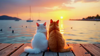 Two Cats Sitting Together On A Wooden Pier At Sunset