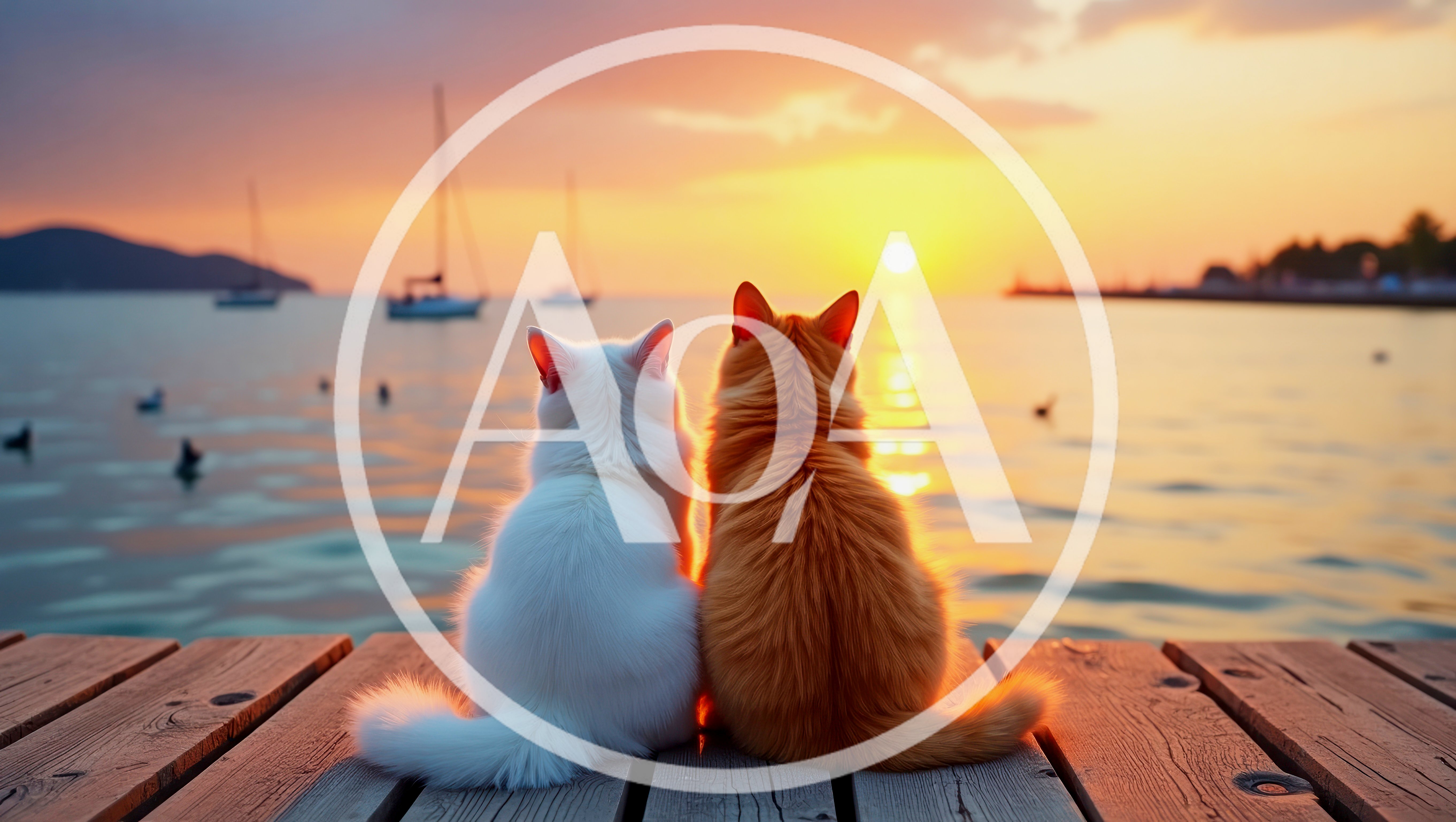 Two Cats Sitting Together On A Wooden Pier At Sunset