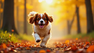 Cavalier King Charles Spaniel Running Through Autumn Forest