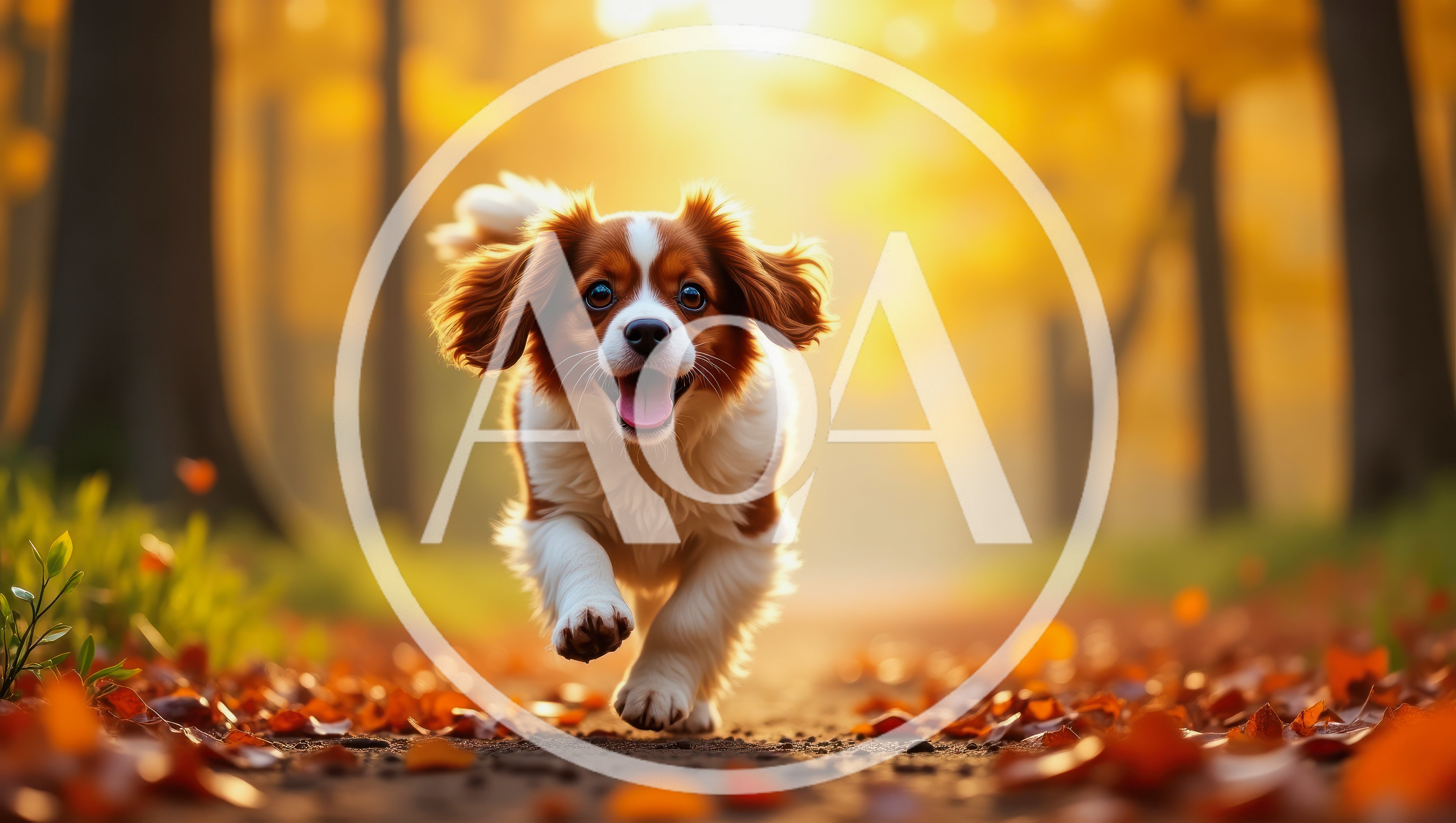 Cavalier King Charles Spaniel Running Through Autumn Forest