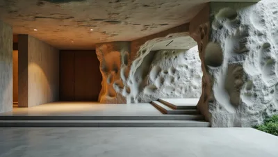 Modern Architectural Interior With Organic Sculptural Stone Walls