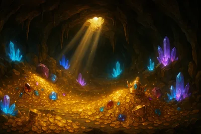 Treasure Filled Cave With Glowing Crystals And Gold