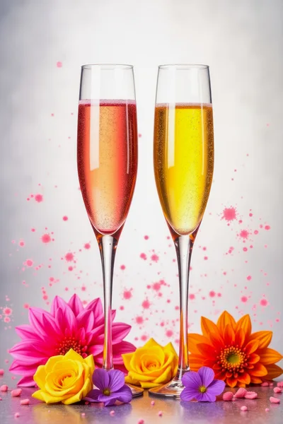 Two Champagne Flutes With Flowers And Pink Splatters