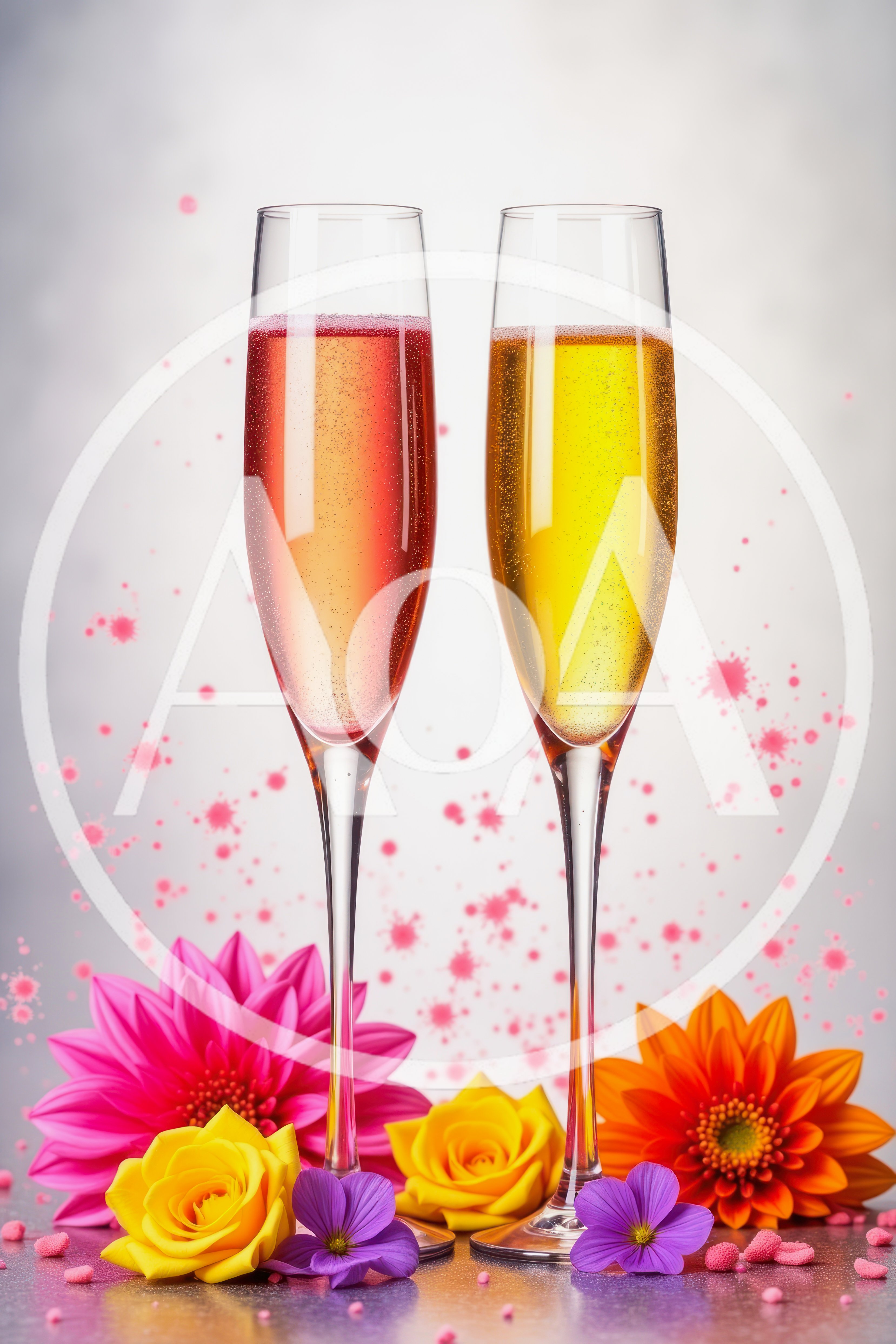 Two Champagne Flutes With Flowers And Pink Splatters