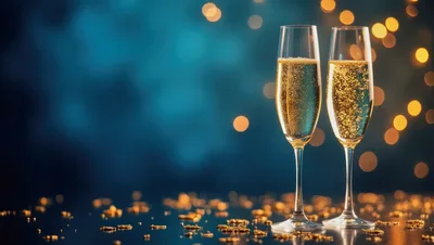Two Champagne Flutes With Bubbles On A Festive Background