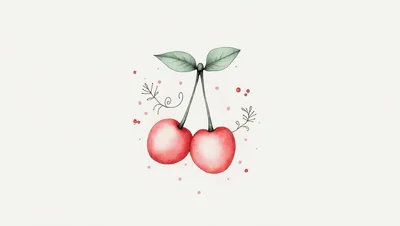 Watercolor Illustration Of Two Red Cherries With Leaves