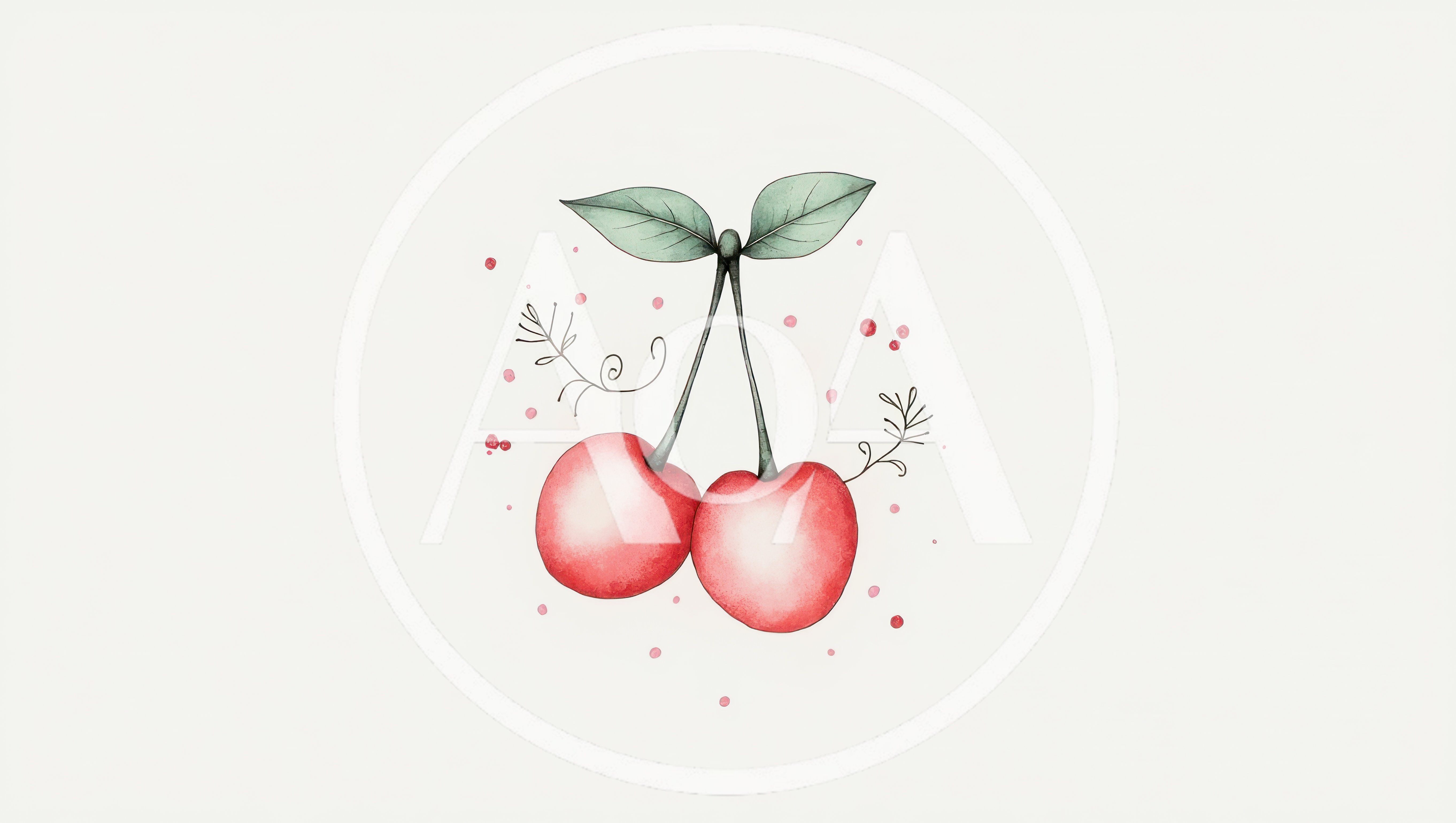 Watercolor Illustration Of Two Red Cherries With Leaves