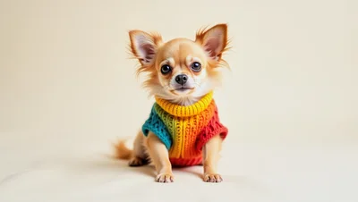 Small Chihuahua Puppy Wearing A Colorful Rainbow Sweater
