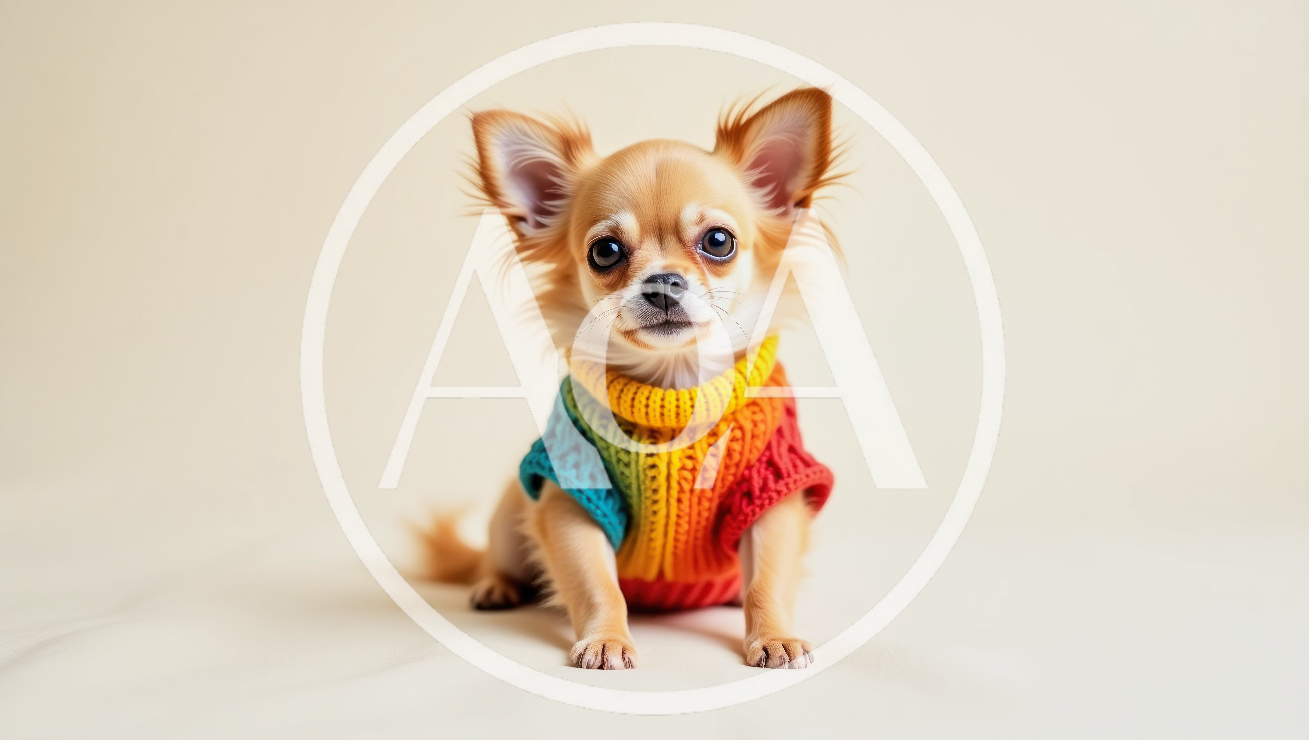 Small Chihuahua Puppy Wearing A Colorful Rainbow Sweater