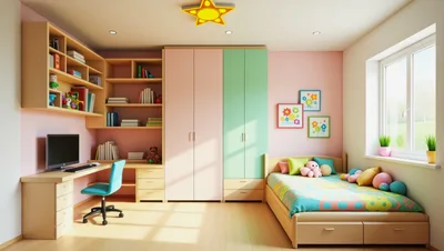 Modern Children Bedroom Interior With Desk And Bed