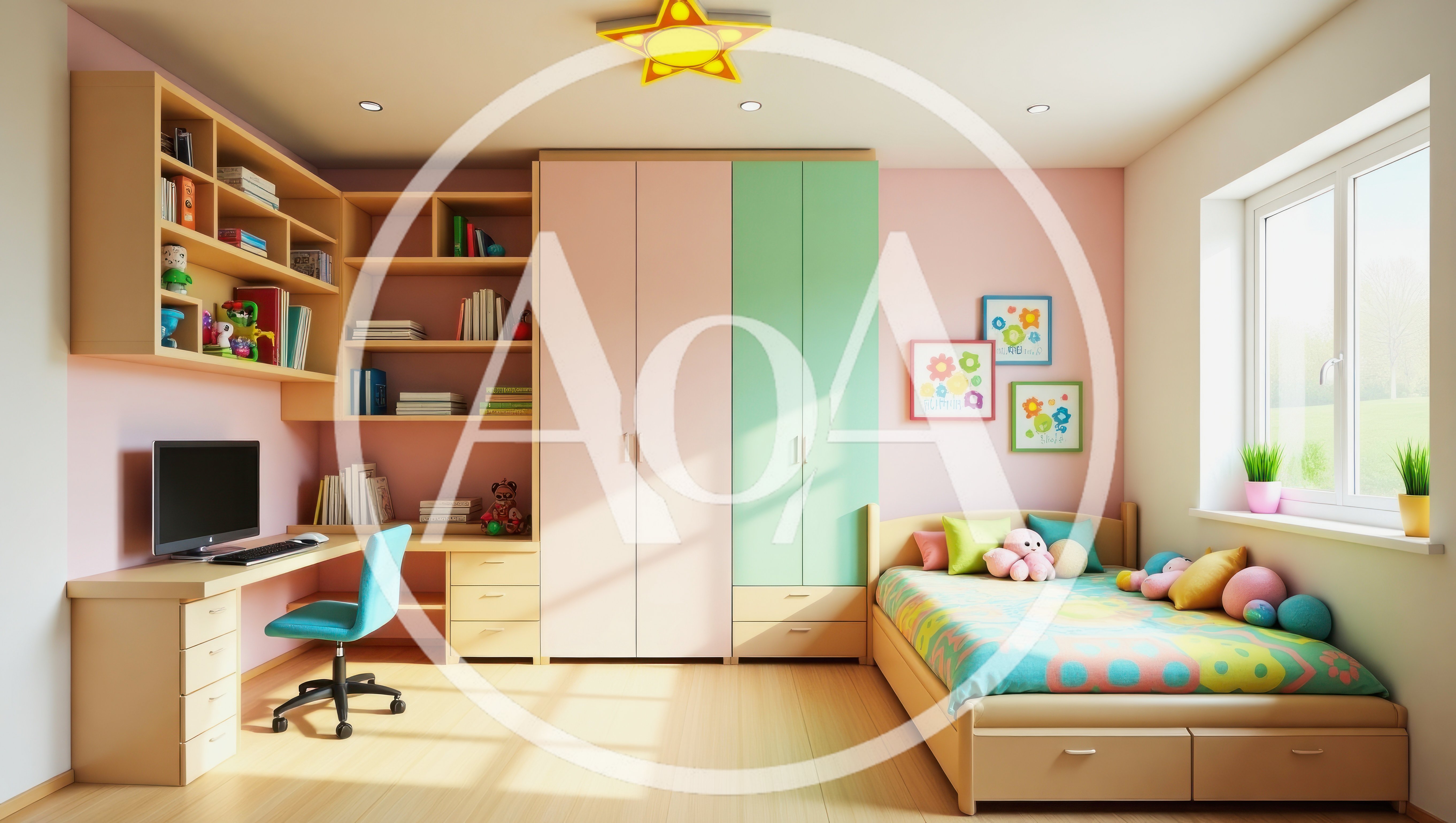 Modern Children Bedroom Interior With Desk And Bed