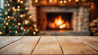 Empty Wooden Table Before A Cozy Christmas Fireplace