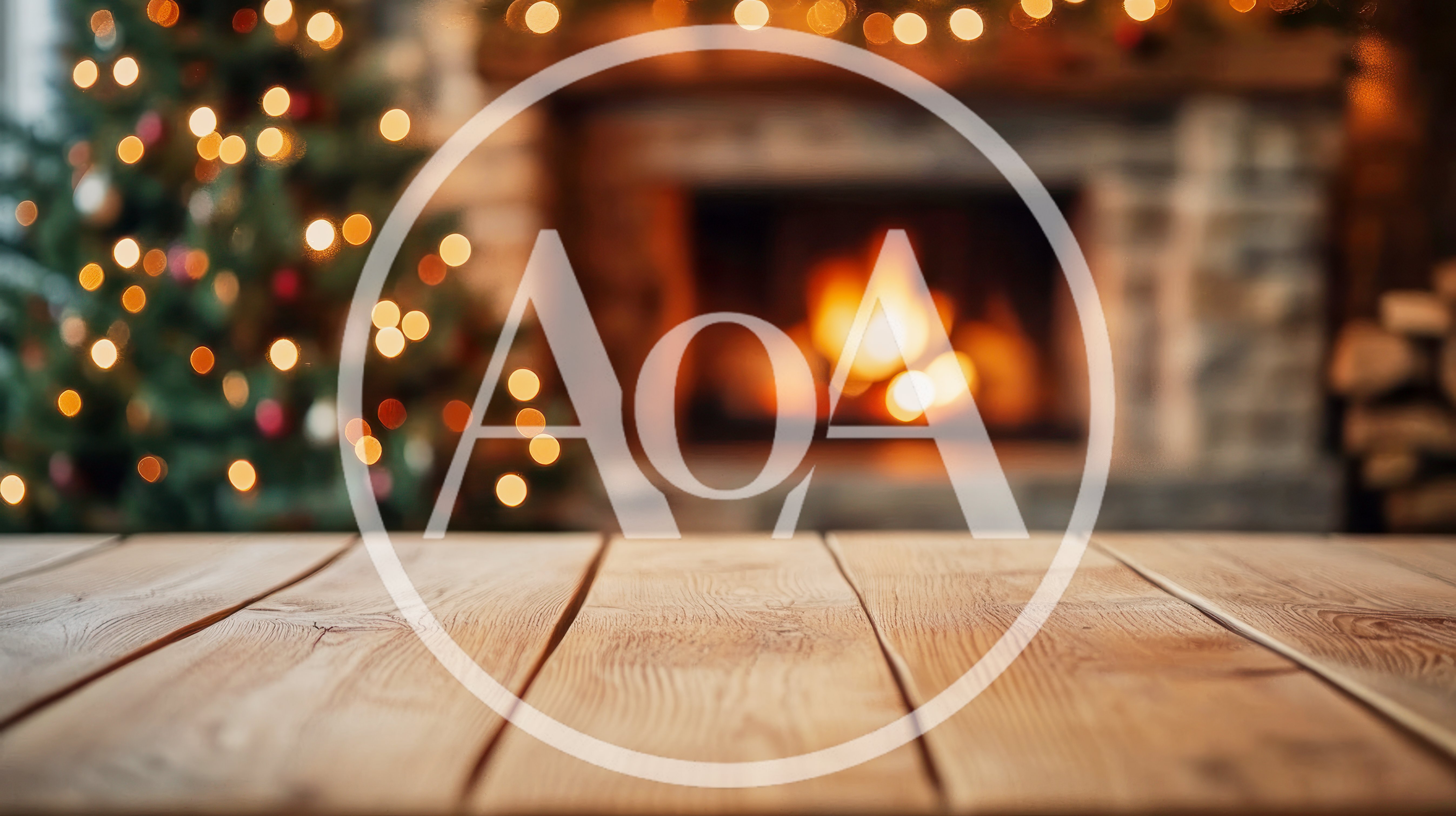Empty Wooden Table Before A Cozy Christmas Fireplace