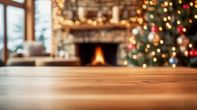 Empty Wooden Table In A Cozy Christmas Living Room