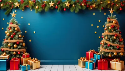 Two Decorated Christmas Trees With Gift Boxes