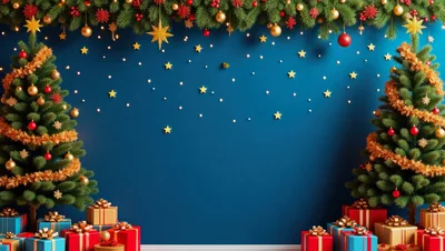 Christmas Background With Two Decorated Trees And Gifts