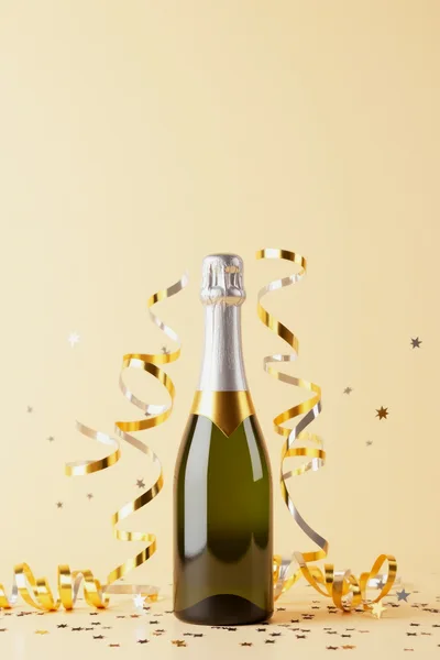 Champagne Bottle With Gold Ribbons And Confetti