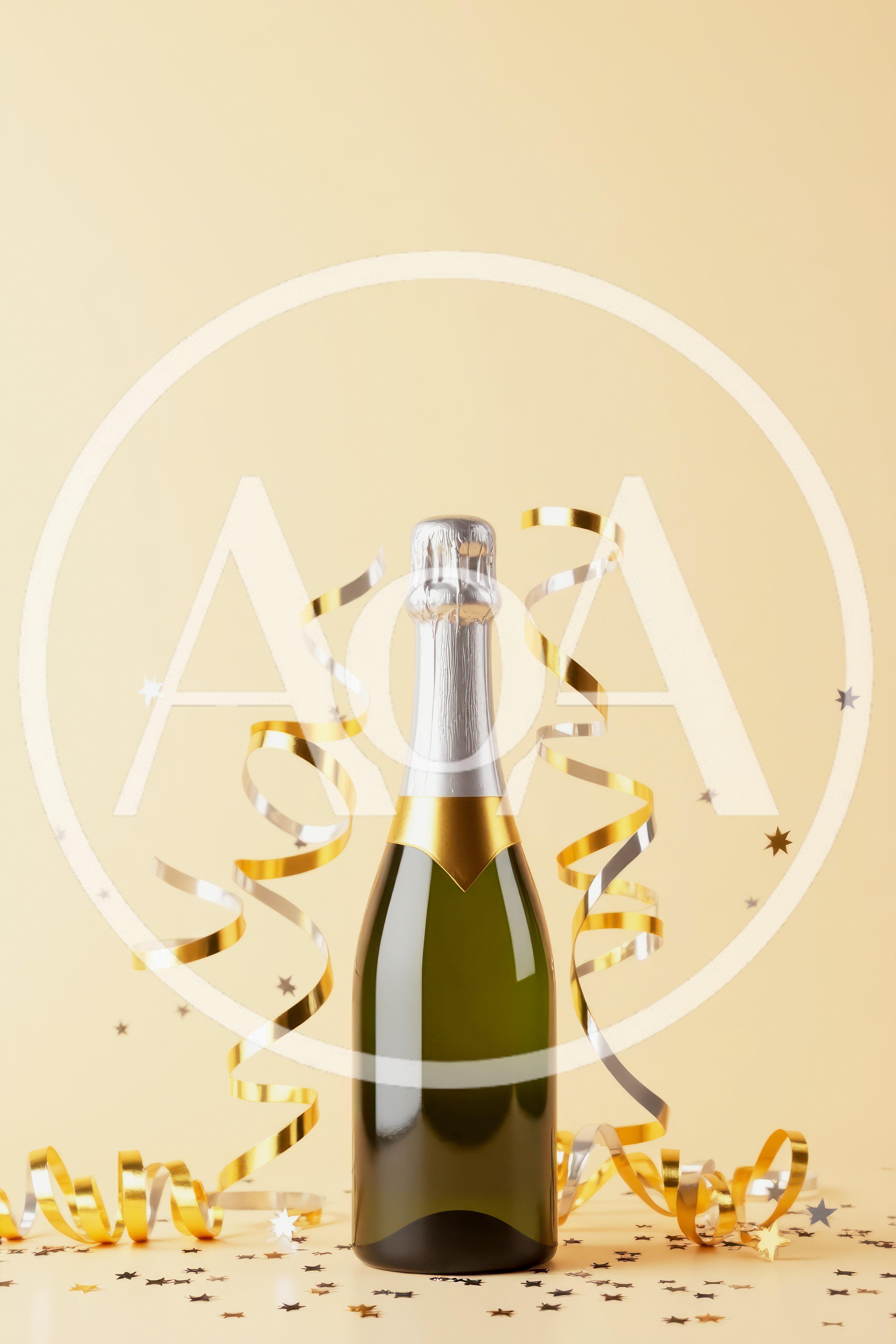 Champagne Bottle With Gold Ribbons And Confetti