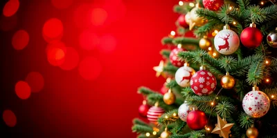 Decorated Christmas Tree Against A Blurred Red Background