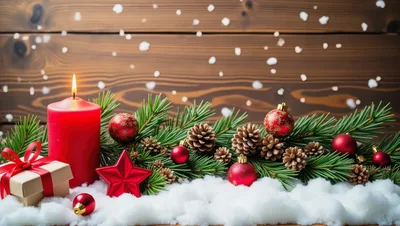 Christmas Candle And Decorations On Snowy Wooden Background