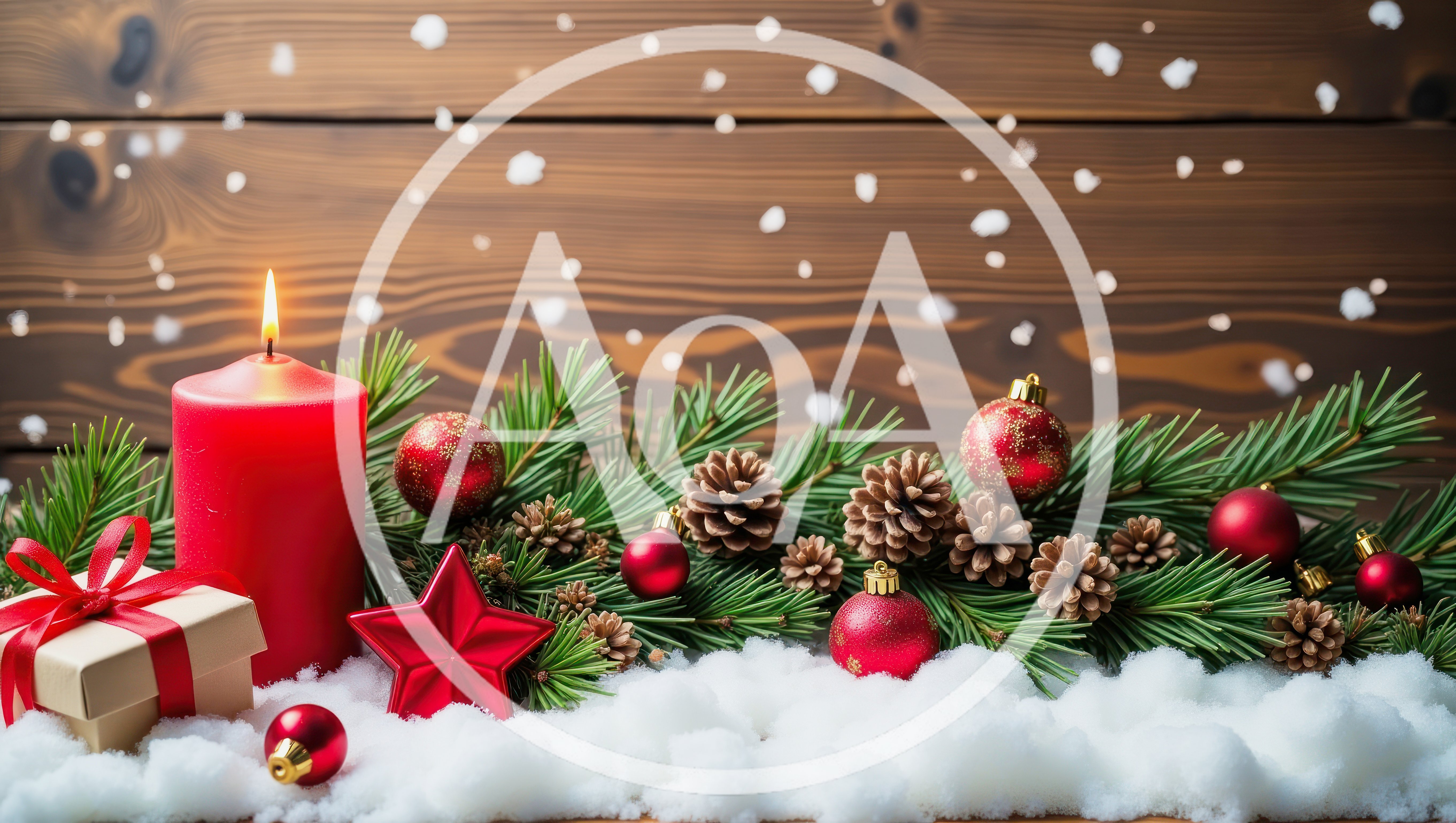 Christmas Candle And Decorations On Snowy Wooden Background