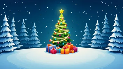 Christmas Tree With Gifts In Snowy Forest