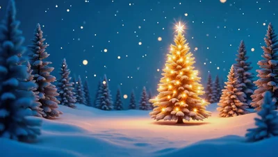 Illuminated Christmas Tree In Snowy Winter Forest