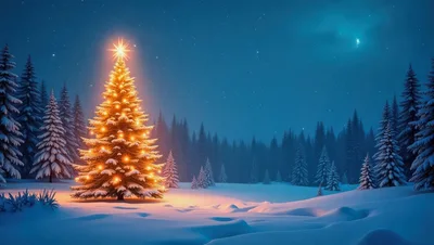 Glowing Christmas Tree In Snowy Winter Forest