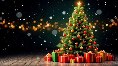 Decorated Christmas Tree With Wrapped Gifts On Wooden Floor