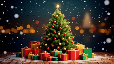 Christmas Tree With Wrapped Gifts On Snowy Wooden Floor