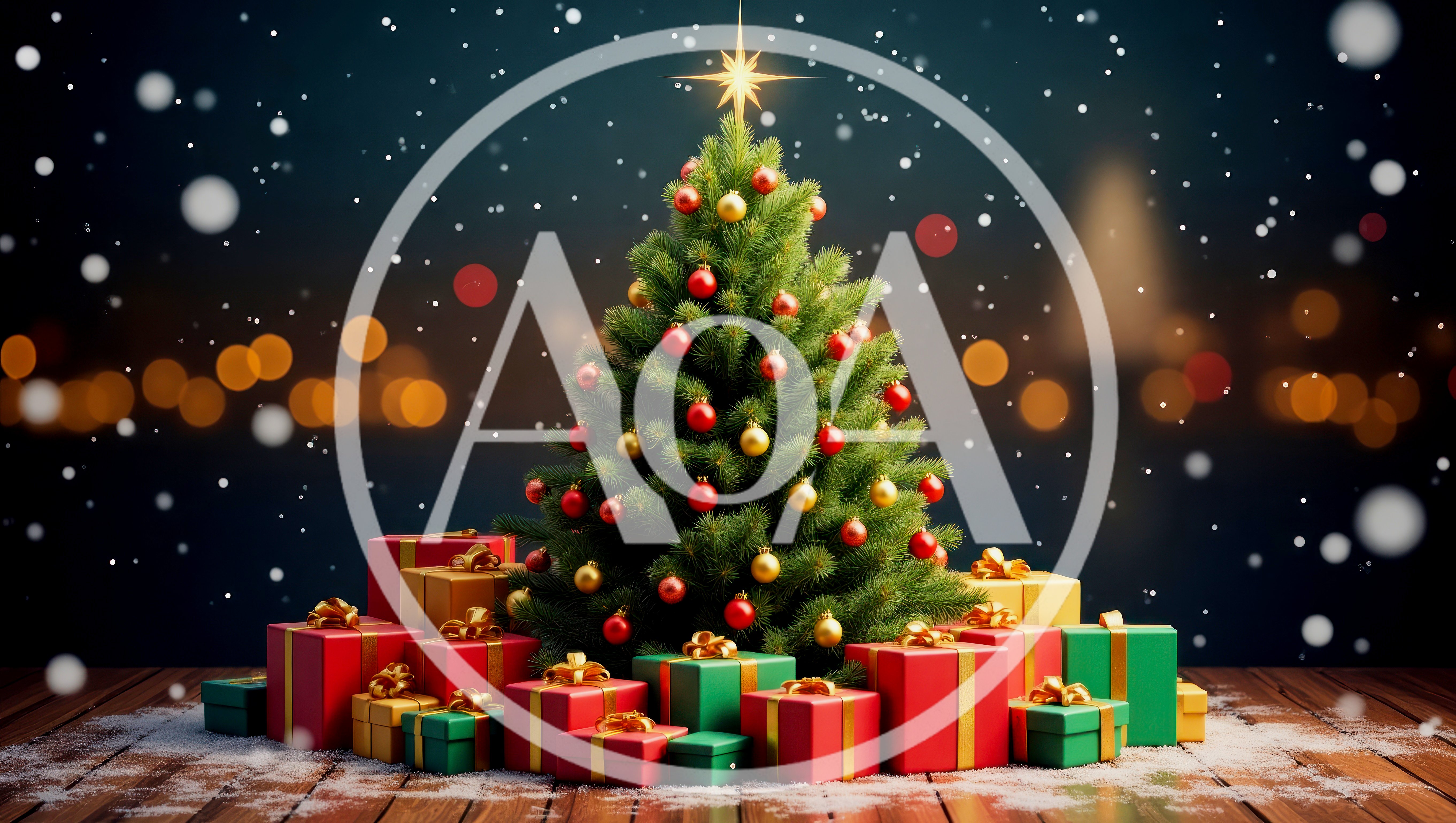 Christmas Tree With Wrapped Gifts On Snowy Wooden Floor