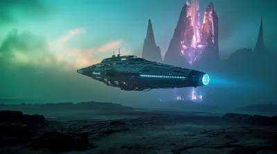Futuristic Spaceship Flying Over Alien Planet Landscape