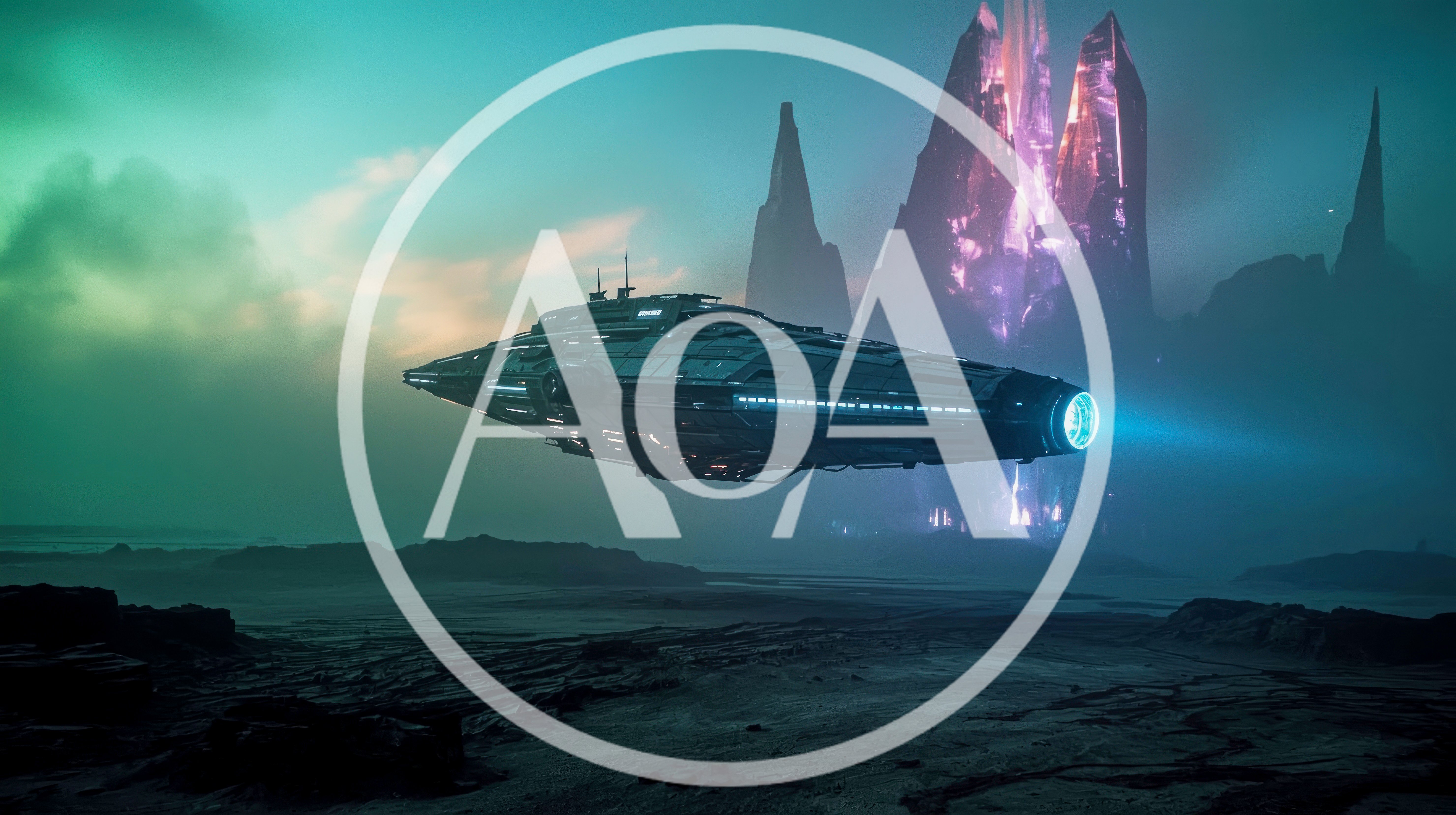 Futuristic Spaceship Flying Over Alien Planet Landscape