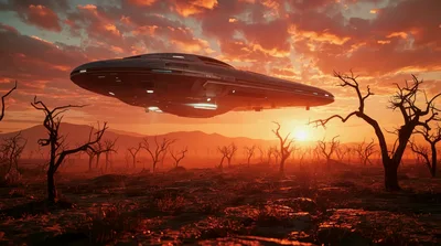 UFO Hovering Over A Desolate Alien Landscape At Sunset