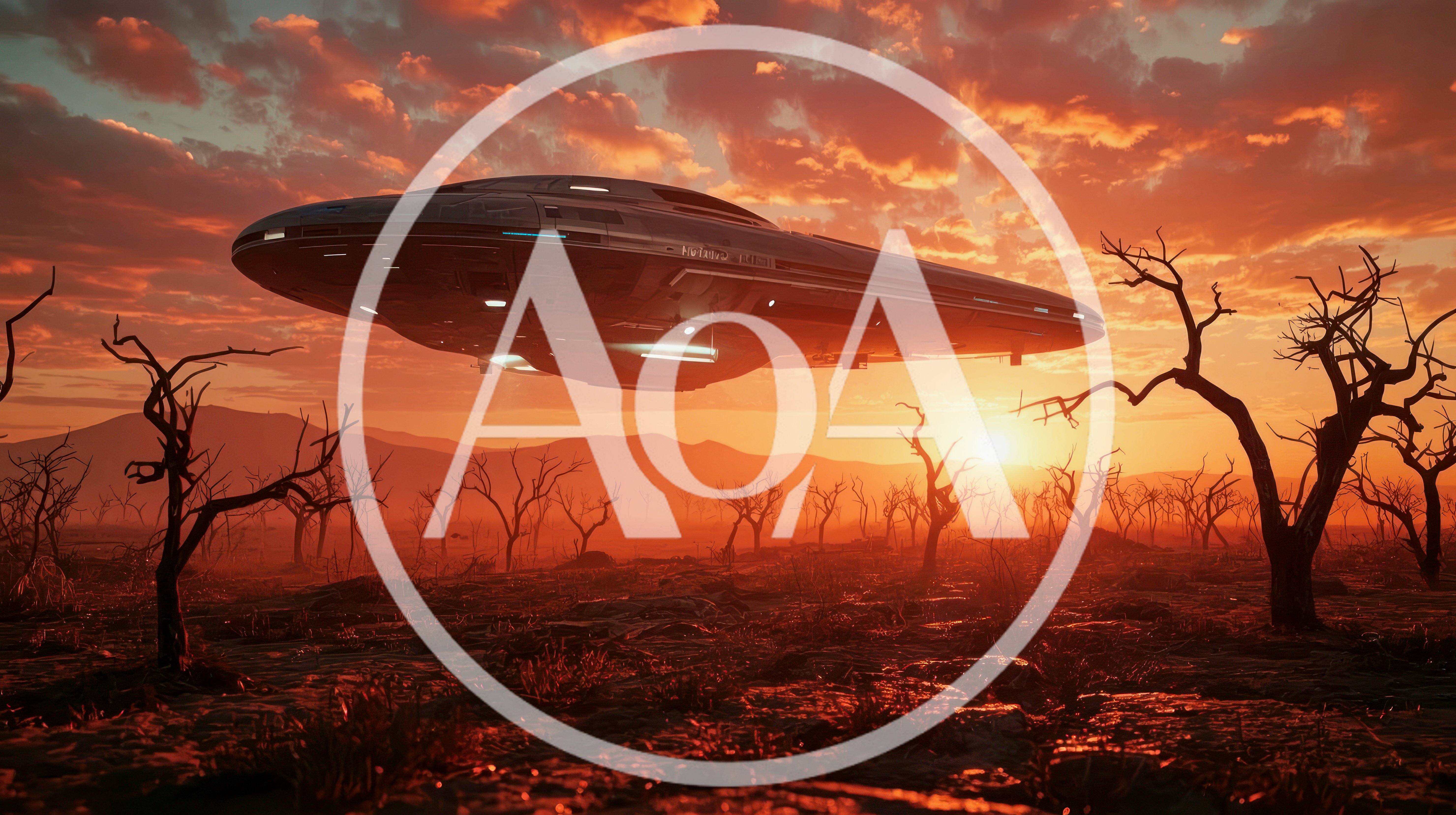 UFO Hovering Over A Desolate Alien Landscape At Sunset